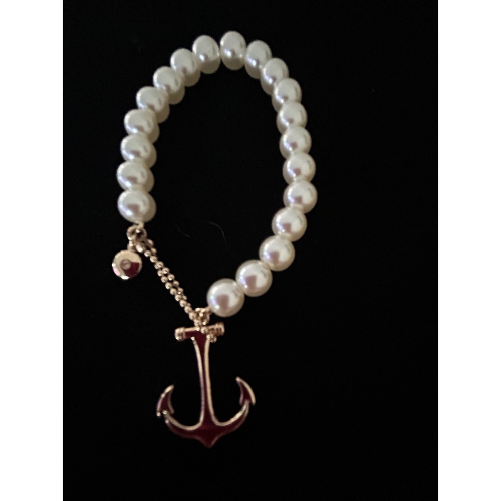Gold‎ Tone Anchor Charm Faux Pearl Bracelet White Nautical Coastal Preppy